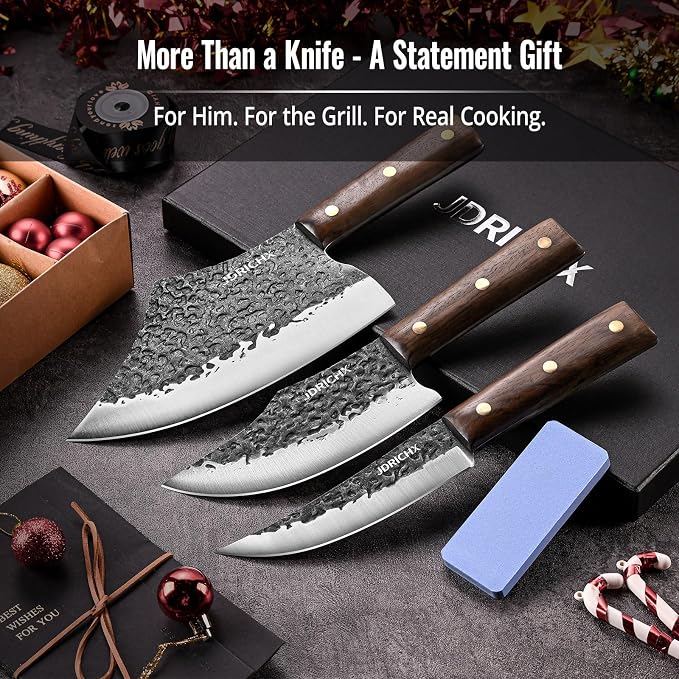 3-Piece Hand Forged Butcher Knife Set with High Carbon Steel | Includes Meat Cleaver and Boning Knife with Full Tang Design for BBQ and Meat Preparation