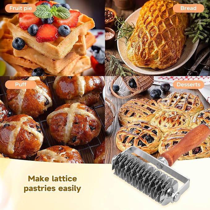 Pastry Lattice Roller Cutter, Stainless Steel Dough Cutter Wheel with Wood Handle, Time-Saver Baking Tools for Beef Wellington Pie Crust Pizza Bread, JKUS20408 | Dough Cutter Wheel Time-Saver Baking Tools for Beef Wellington Pie Crust Pizza Bread