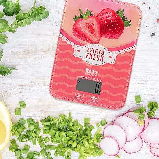 TM Electron TMPBS027 Ultra Thin Digital Display Kitchen Scale with Vintage Strawberry Design, 4 Sensors, Turn to 0, Ideal for Baking and Food