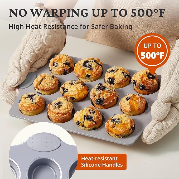 BRONYPRO 12-Cup Non Toxic Nonstick Ceramic Muffin Pan & Cupcake Tin, PFOA & PFOA Free, Heavy Duty Rust-Resistant Aluminized Steel, Oven Safe, Light Gray