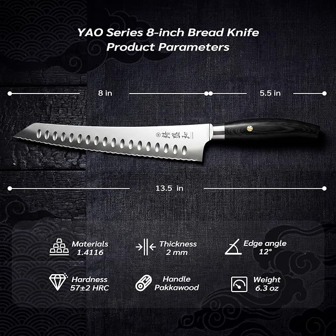 Bread Knife for Homemade Bread,Serrated Blade 8 in with Cover | Offset Handle, Outward-Curved Edge for Clean Even Slices, Slicer Cuts Sourdough, Bagels, Ham, Pineapple, Ideal Gift