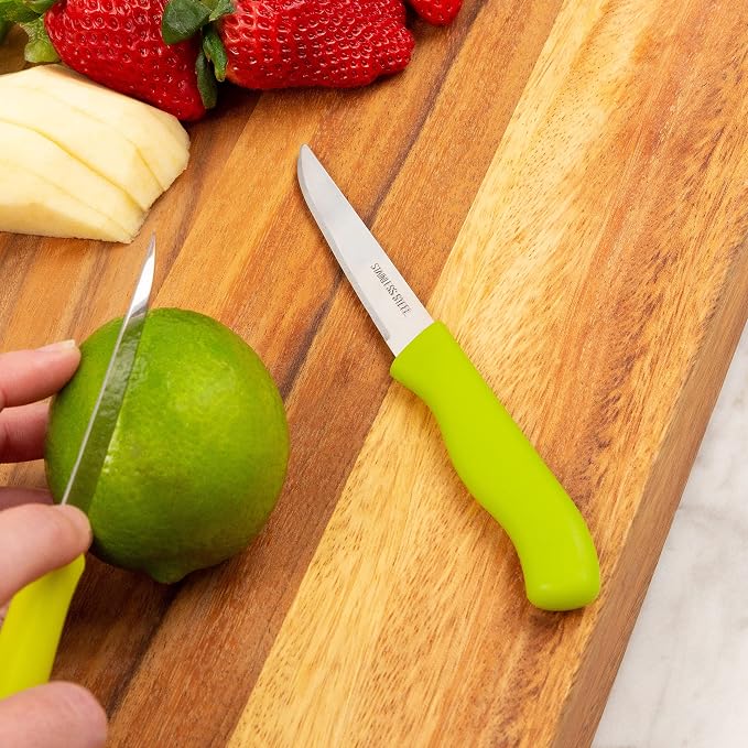 Paring and Garnishing Knife, 12-Piece Set, Knives with Straight Edge 3 Inch Blade, Stainless Steel, Spear Point, Fruit and Vegetable Cutting and Peeling, Green