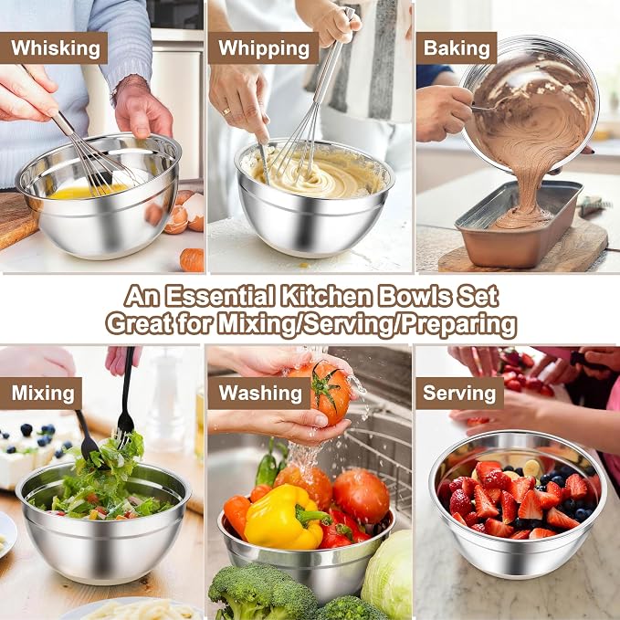 TeamFar Khaki Mixing Bowls, 6-Piece Stainless Steel Nesting Salad Bowls with Lid Set for Prepping Baking, Non-Toxic & Stackable, Air-Tight Lid & Non Slip Bottom, 4.6/2.6/2/1.5/1 / 0.7 QT