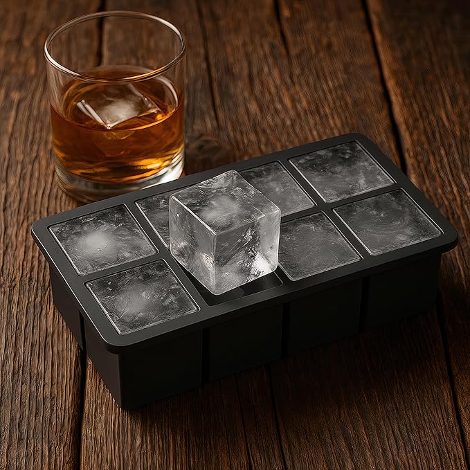 Ice Cube Molds ā 2-Pack Silicone Trays for 8 Large Square Cubes ā Slow-Melt Ice for Whiskey, Cocktails, Coffee & More (Black_2)