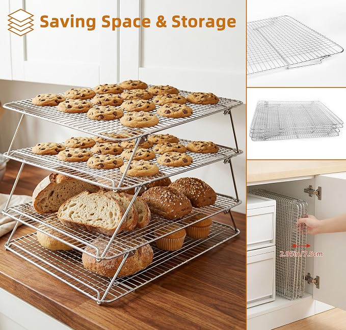 Sourdough Bread Cooling Rack, Oven Rack for Baking and Cooking Collapsible 12"x 16.5" for Half Sheet, Wire Rack Stackable Stainless Steel Rack for Cookie, Cake, Bacon and Jerky