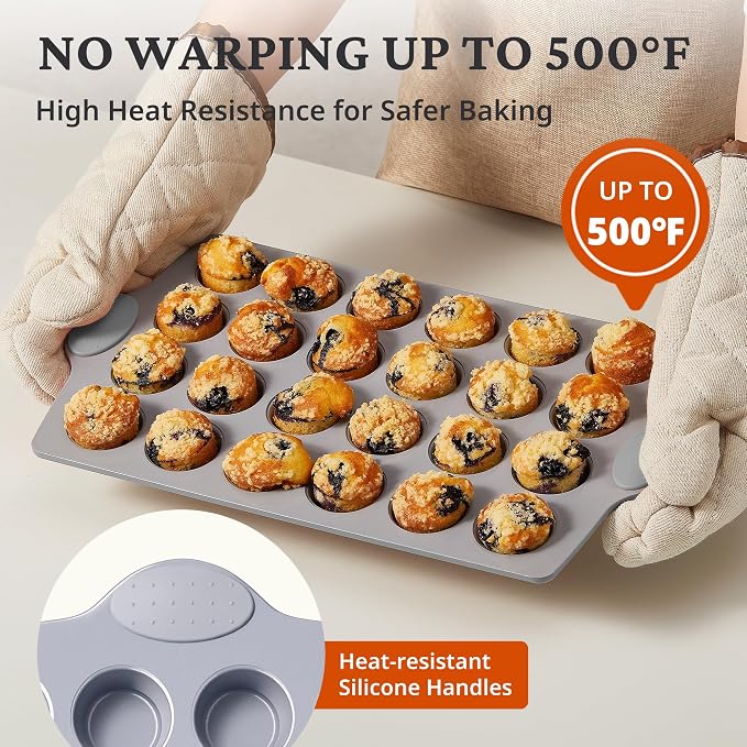 BRONYPRO 24-Cup Non Toxic Nonstick Ceramic Mini Muffin Pan & Cupcake Tin, PFOA & PFOA Free, Heavy Duty Rust-Resistant Aluminized Steel, Oven & Dishwasher Safe, Light Gray