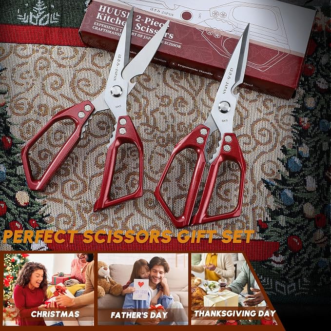Kitchen Scissors Set Red - Japanese Kitchen Shears, Heavy Duty Poultry Shears, Sharp Meat Scissors for Food, Chicken Bones, and Turkey, Gifts for Women Men