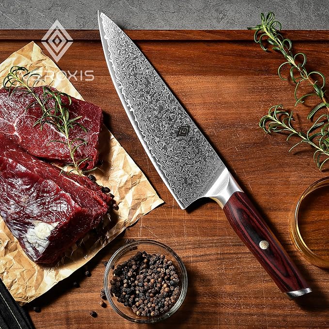 VEROXIS Damascus Chef Knife 8 Inch, Professional Japanese Kitchen Knives Sharp High Carbon Super Steel with Ergonomic Pakkawood Handles, Elegant Gift Box Packaging