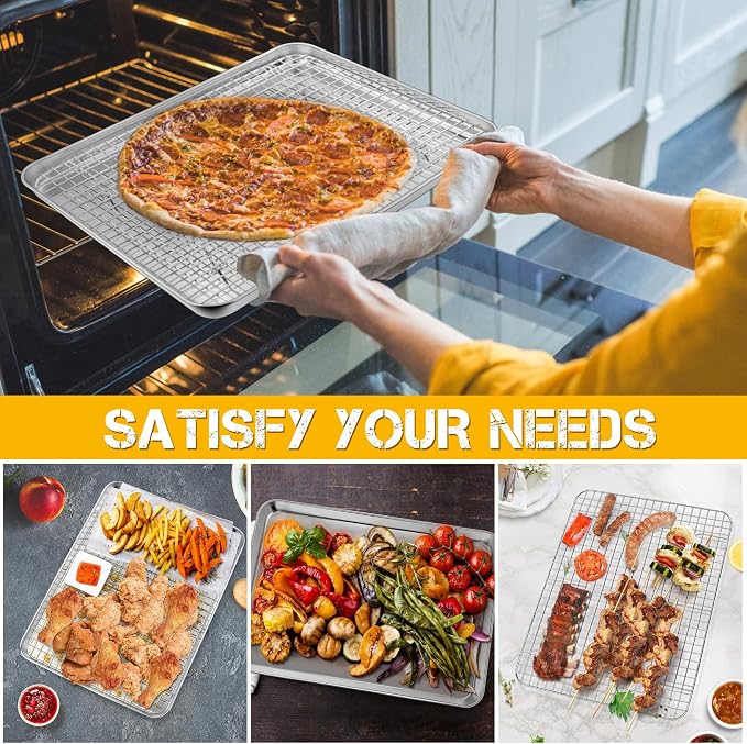 P&P CHEF 16 Inch Baking Sheet Pan and Cooking Rack - 2 Pieces | 1x Cookie Sheet + 1x Grid Rack, Stainless Steel Oven Tray with Wire Rack for Oven Baking, Healthy & Sturdy & Easy to Clean