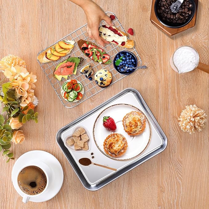 Homikit Toaster Oven Pan with Rack (1 Small Baking Sheet+1 Rack), 9” x 7” | Stainless Steel Baking Sheet with Wire Rack, Small Cookie Sheets Bacon Tray with Cooling Rack, Rust Free & Dishwasher Safe
