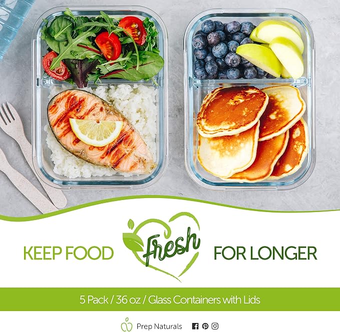 Prep Naturals 5 Pack 36oz Glass Meal Prep Containers - 2 Compartments | 2-Compartment Borosilicate Glass Meal Prep Containers - Airtight Lids, Microwave, Oven & Freezer Safe (5-Pack, 36 oz)