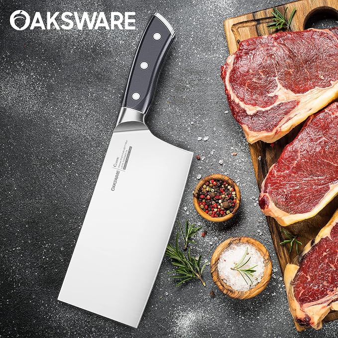 OAKSWARE Cleaver Knife 7 Inch, Chinese Chopping Knife Cleaver, German Steel & Ergonomic ABS-Handle, Sharp Meat Cleaver for Meat Cutting Vegetable Slicing