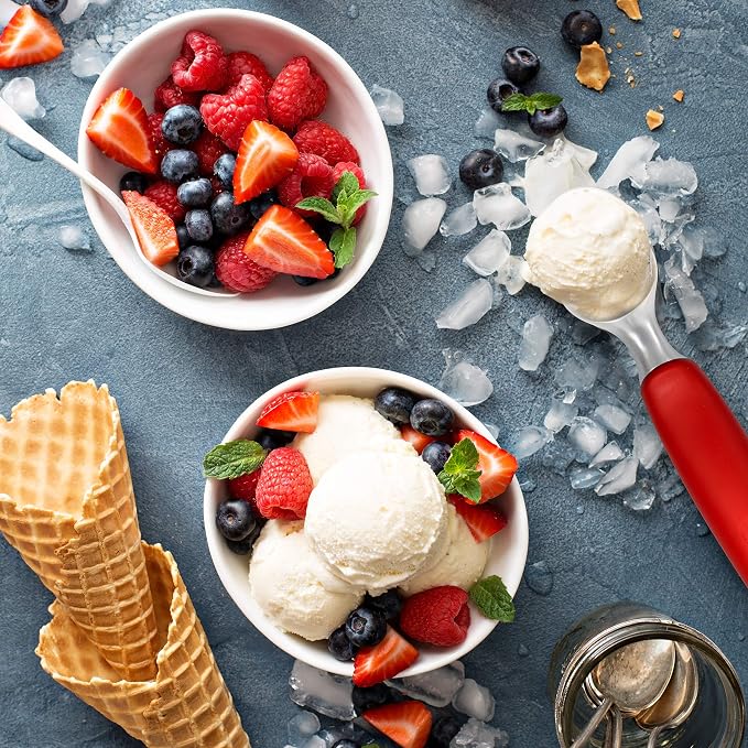 Rockland Guard Ice Cream Scoop with Chisel-Shaped Tip, Non-Slip Easy to Grip Handle, Solid Stainless Steel for Hard or Soft Ice Cream - Dishwasher Safe. (Red)