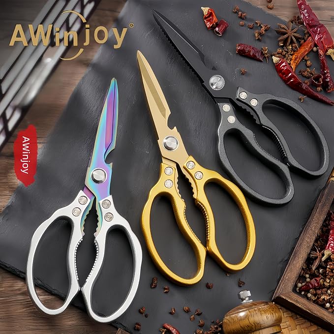AWinjoy Heavy Duty Sharp Kitchen Scissors, Dishwasher Safe, Cooking Shears for Meat, Chicken, Fish, Poultry, Herb, Bread (Silver Color)