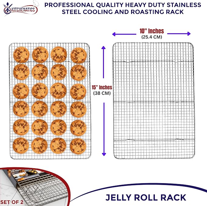 KITCHENATICS Jelly Roll Cooling Rack Stainless Steel Oven Safe Set of 2 | Fits standard 10x15 jelly roll pans for grilling, broiling, drying and draining grease while baking