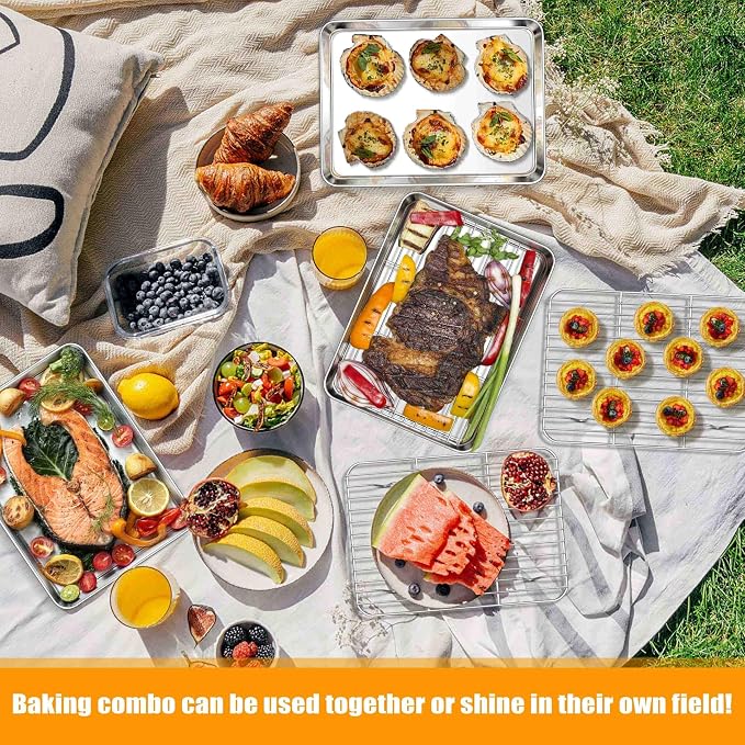Homikit Mini Baking Sheet with Wire Rack for Toaster Oven (1 Pan+1 Rack) | 9x7 Inch Stainless Steel Baking Pan with Cooling Rack Set, Metal Cookie Sheets, Small Bacon Tray, Nonstick, Dishwasher Safe