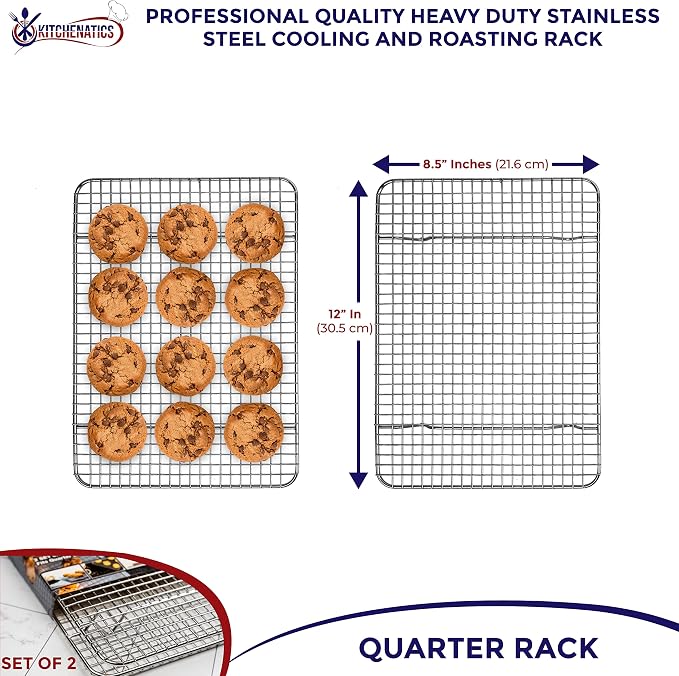 KITCHENATICS Quarter Sheet Cooling Rack Stainless Steel Oven Safe Set 2 | Fits standard quarter sheet pans for grilling, broiling, drying and draining grease while cooking
