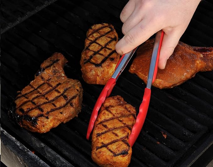 Silicone Baster and 9" Tong Set - Silicone Basting Brush, Pastry Brush, BBQ Brush - Non-Stick Silicone Tongs, Locking Head - Dishwasher Safe - Heat Resistant up to 428ºF. By Ai-De-Chef (2-Pack, Red)