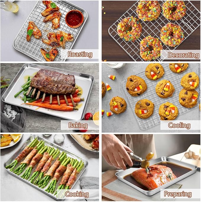 P&P CHEF 12.5+9 Inch Toaster Oven Pan Tray with Wire Rack, 4 PCS | Baking Sheet Pan + Cooling Rack for Cooking/Roasting, Dishwasher Safe & Rust Free, Non-toxic & Sturdy