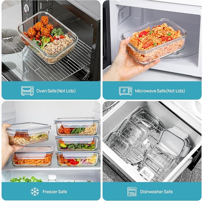 Vtopmart 5Pack 30oz Glass Meal Prep Container Sets with Lids, Grey | Glass Food Storage Containers, Snap Airtight Lid, For Microwave, Oven, Freezer and Dishwasher Safe, BPA Free