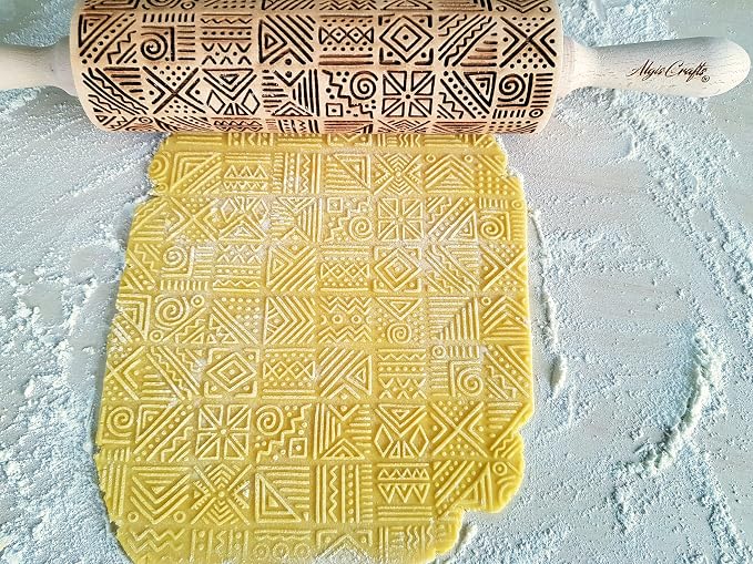 AFRICA Embossing Rolling Pin Dogh Roller with Tribal Pattern for Embossed Cookies and Pottery by Algis Crafts