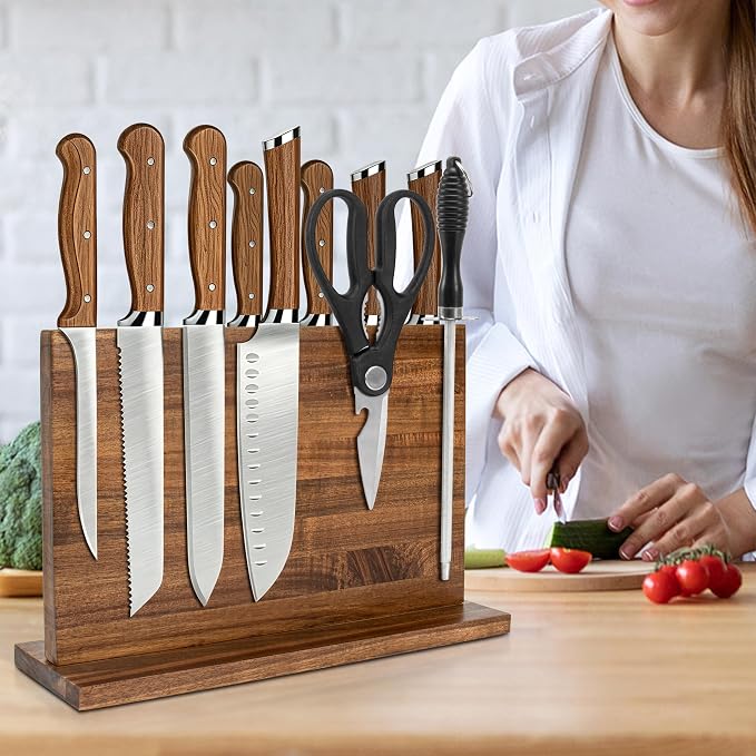 RedCall Magnetic Knife Holder, 16" Double Sided Acacia Wood Knife Block for Kitchen Counter,Strong Magnet Knife Strip for Chef Knife, Large Knife Storage with Non-Slip Base - Fits Up to 12 Knives