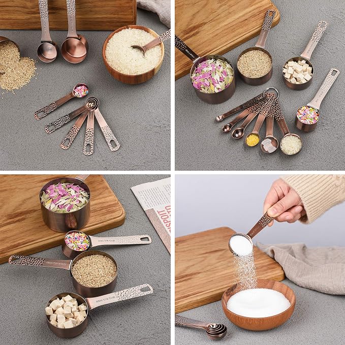 Copper Plated Measuring Cups and Spoons set, Stainless Steel Measuring Cups and Spoons Set for Baking & Kitchen, Cute Metal Metric & US Measure Cup and Spoon with Leveler & 1/8 Cup