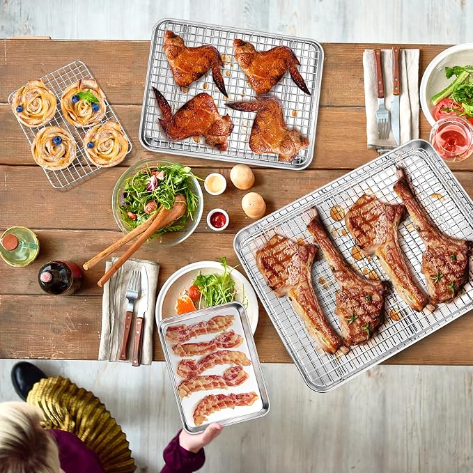 P&P CHEF 16 + 12.5 + 9 Inch Baking Sheet Pan and Cooking Rack - 6 Pieces | 3x Cookie Sheet + 3x Grid Rack, Stainless Steel Oven Tray with Wire Rack for Oven Baking, Healthy & Sturdy & Easy to Clean