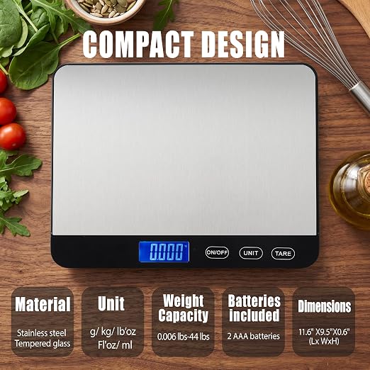 Food Scale 44lb/20kg, Extra-Large Platform Digital Kitchen Scale, 1g/0.1oz High Precision, Stainless Steel/Tempered Glass, Weight Grams and oz for Cooking Baking Meal Prep, 2 Batteries Included