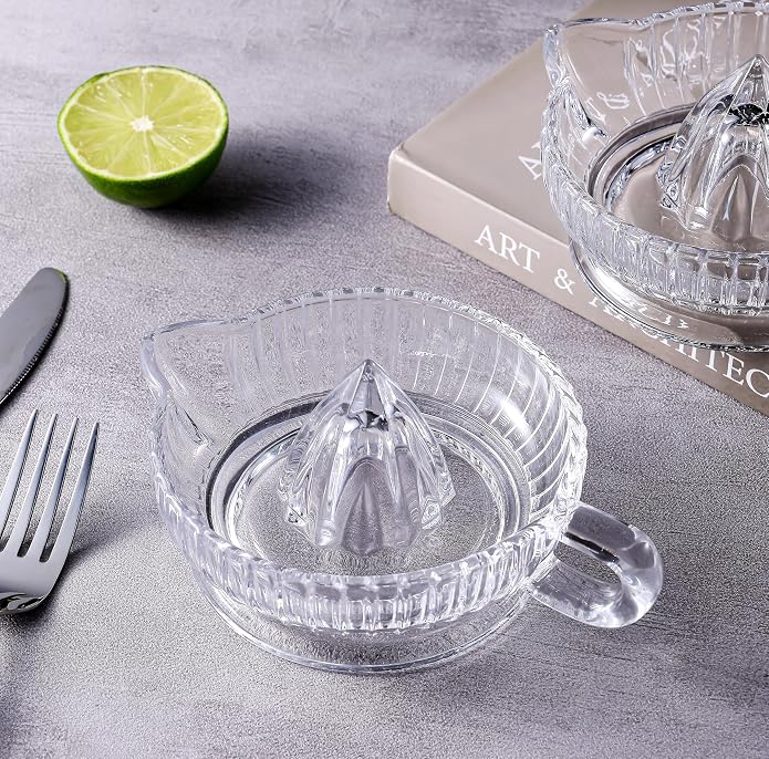 Manual Lemon Citrus Juicer with Handle and Pour Spout Clear Glass Orange Juice Extractor for Lime Home Kitchen Bar Gadget