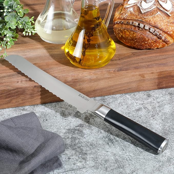 Babish 8-Inch Bread Knife – High-Carbon 1.4116 German Steel Kitchen Knife – Professional Serrated Cutlery for Slicing Bread and Baked Goods