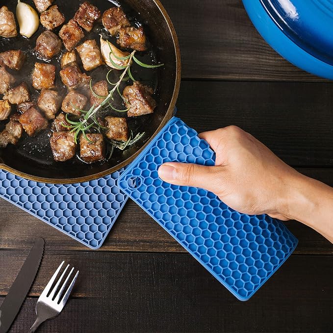 BTaT- Silicone Trivet Mats, 2 Pack, Blue, Heat & Stain Resistant | Non Slip Hot Pads Kitchen Potholders Jar Opener Spoon Holder Food Grade Silicone
