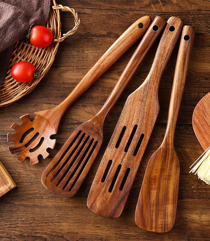 Wooden Kitchen Utensils Set, 11 Pcs Teak Wood Cooking Utensils Spoons Spatulas Spurtles Kit Non-stick Natural Kitchen Tools for Cooking