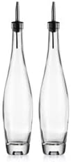Elegant Set of 2 14oz Teardrop Oil and Vinegar Cruet Dispenser Bottles Clear Glass- Stainless Steel Jigger For Easy Flow
