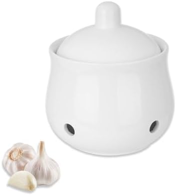 Ceramic Garlic Keeper with Lid - 12oz/350ml Ventilated Garlic Storage Container, White Kitchen Organizer for Fresh Garlic, Spice, Herb Preservation