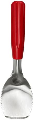 Heavy Duty Flat Ice Cream Scoop Spade with Serrated Edge for Rock Hard Frozen Treats, Stainless Steel with Good Grip Red Handle