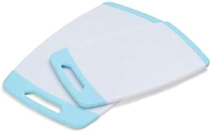 Farberware Nonstick Poly Cutting Board Set, 2-Piece, White with Aqua Trim