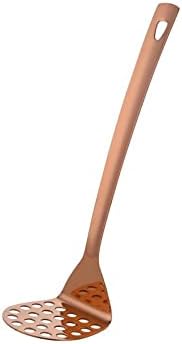 Stainless Steel Rose Gold Potato Masher with Long Handle, Sturdy Potato Smasher, Integrated Masher Kitchen Tool Perfect for Vegetable, Fruits, Meat, Bean, Avocado, Disherwash Safe, 10.7 Inch