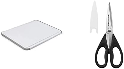 KitchenAid Classic Plastic Cutting Board with Perimeter Trench and Non Slip Edges, Dishwasher Safe, 11 inch x 14 inch, White and Gray & All Purpose Shears with Protective Sheath, One Size, Black