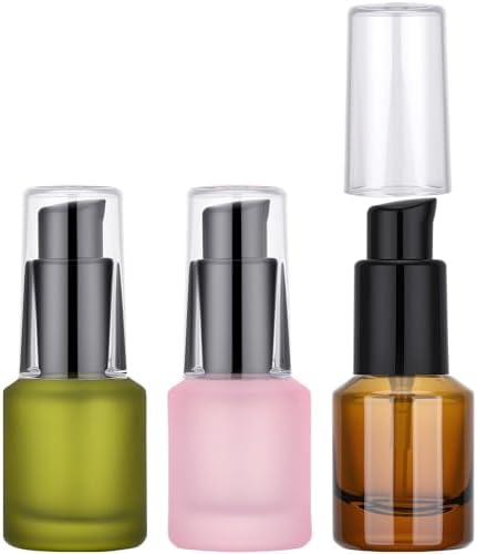 Segbeauty 0.5oz Frosted Glass Pump Bottle Dispenser, 3pcs Empty Travel Size Bottles with Pump, 15ml Refillable Travel Lotion Container, Mini Liquid Containers for Creams Oils Bottle in Mixed Color
