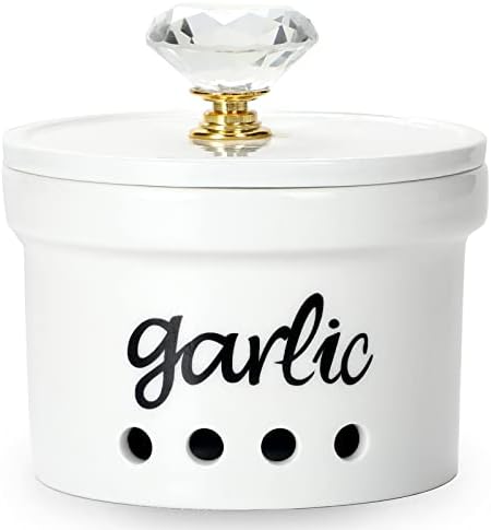 Garlic Keeper with Crystal Lid, 12.5 oz Ceramic Garlic Saver Container for Countertop, Farmhouse Kitchen Decor (Gold)