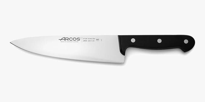 Arcos Chef Knife 8 Inch Stainless Steel. Cooking Knife to Cut Meat, Fish, Poultry, Fruit and Vegetables. Ergonomic Polyoxymethylene Handle and 200mm Blade. Series Universal. Color Black