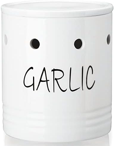 LEETOYI Ceramic Garlic Keeper with Lid, Garlic Container for Counter Easy to Clean,Garlic Saver to Keep Your Garlic Cloves Fresh Longer,Farmhouse Garlic Holder Storage Container, 31 oz White