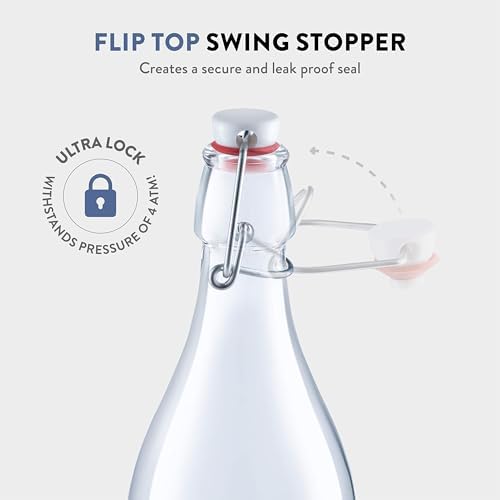 Bormioli Rocco Giara Swing Top Bottles 33 ¾ Ounce-4 Pack Round Clear Glass Grolsch Flip Top Bottle With Stopper, for Beverages, Smoothies, Kefir, Beer, Soda, Juicing, Kombucha, Water, Milk and Vinegar