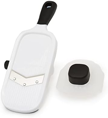 Amazon Basics Hand-held Safe Mandoline Slicer for Vegetables and Fruits, Adjustable Thickness, Stainless Steel Blade, White, 11.3" x 4.5" x 2.5"