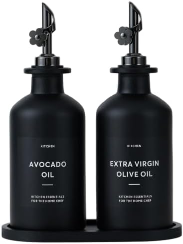Olive Oil Dispenser for Kitchen, 2-Pack 12oz Black Glass Bottle with Labels
