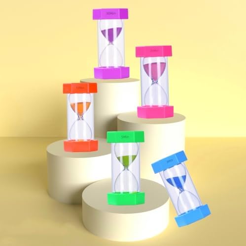 Premium Sandglass Timers Set - Vibrant 5-Piece Hourglass Collection with Protective Covers - Ideal as Kitchen Timer, Classroom Tool, Kids Toothbrush Timer, Office Decor - 3/5/10/20/30 Minutes