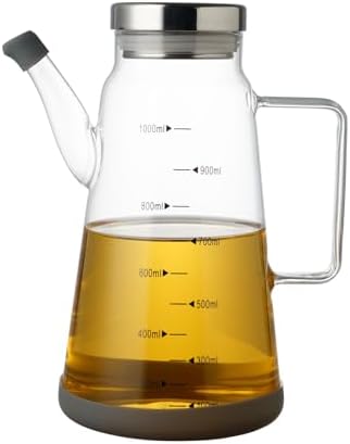 Glass Oil and Vinegar Dispenser with Stainless Steel Lid, No Drip Kitchen 34Oz Liquid Container, Large Cruet (Clear, 1000ml)