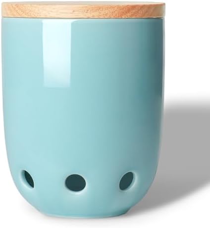 LEETOYI Ceramic Garlic Keeper for Counter, Garlic Holder with Wood Lid (Turquoise)