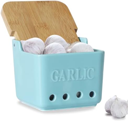 ONTUBE Garlic Keeper with Lid, Ceramic Garlic Holder Storage 4.7-Inch (Turquoise)